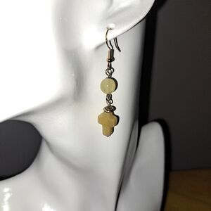 Semiprecious Yellow Malaysian Jade Cross and Glass Bead Dangle Earrings